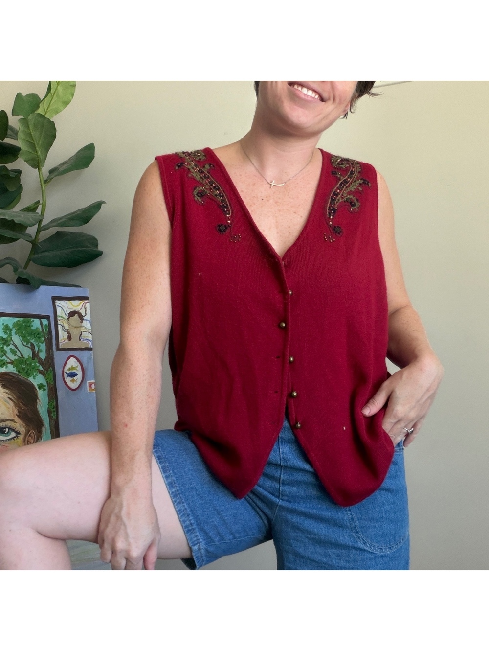 Vintage 90s red embellished sleeveless vest